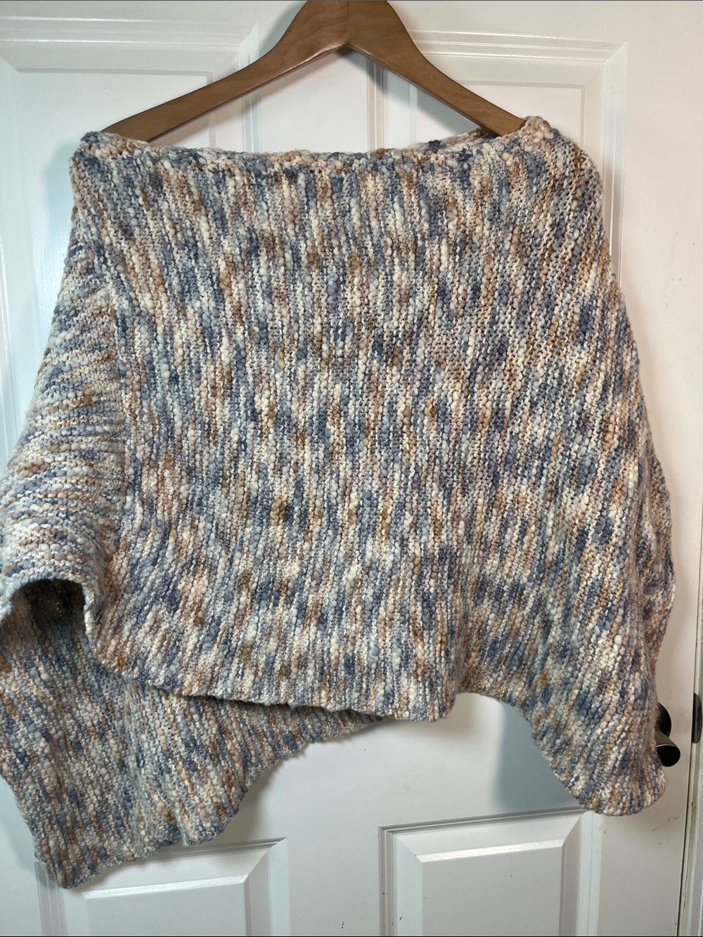 Hand knit neutral poncho O/S blue tan cream boat neck shawl one size